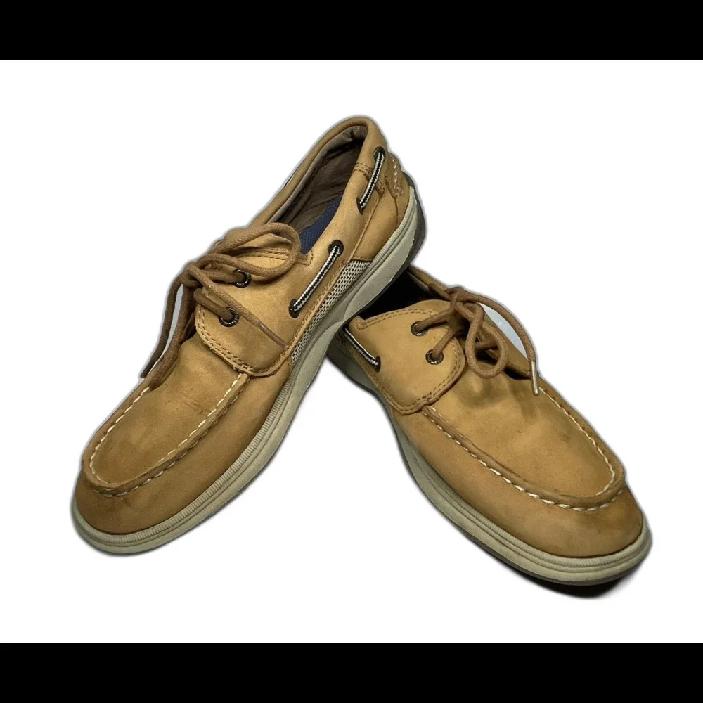 Boys Sperry Topsider 2 Eyelet Slip On Casual Tan Leather Boat Shoes sz 6W